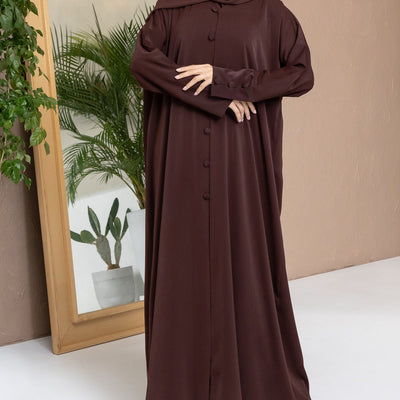 Button-Detail Abaya in Brown and Hijab